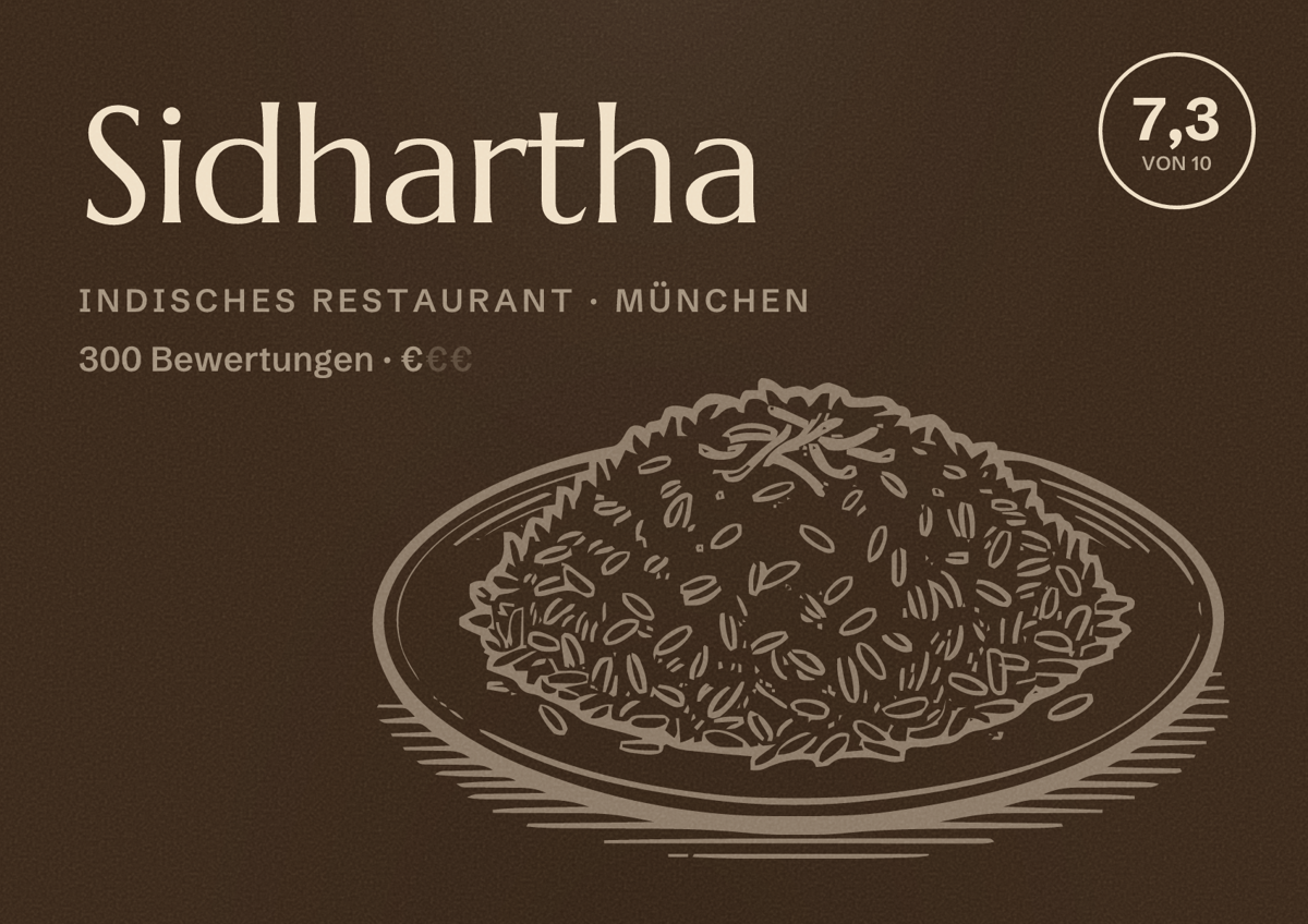 Illustriertes Poster von Sidhartha, Indisches Restaurant in München: Bewertung 7,3 von 10 aus 300 Bewertungen, Preisniveau €