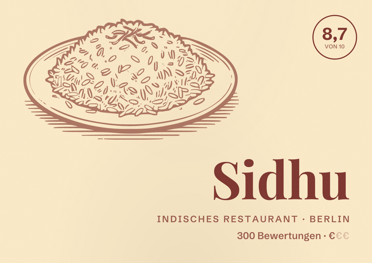Illustriertes Poster von Sidhu, Indisches Restaurant in Berlin: Bewertung 8,7 von 10 aus 300 Bewertungen, Preisniveau €