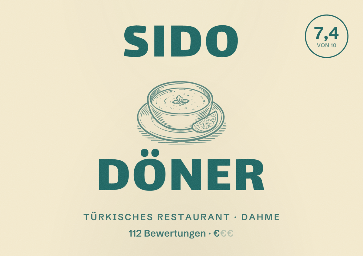 Illustriertes Poster von Sido Döner, Türkisches Restaurant in Dahme: Bewertung 7,4 von 10 aus 112 Bewertungen, Preisniveau €