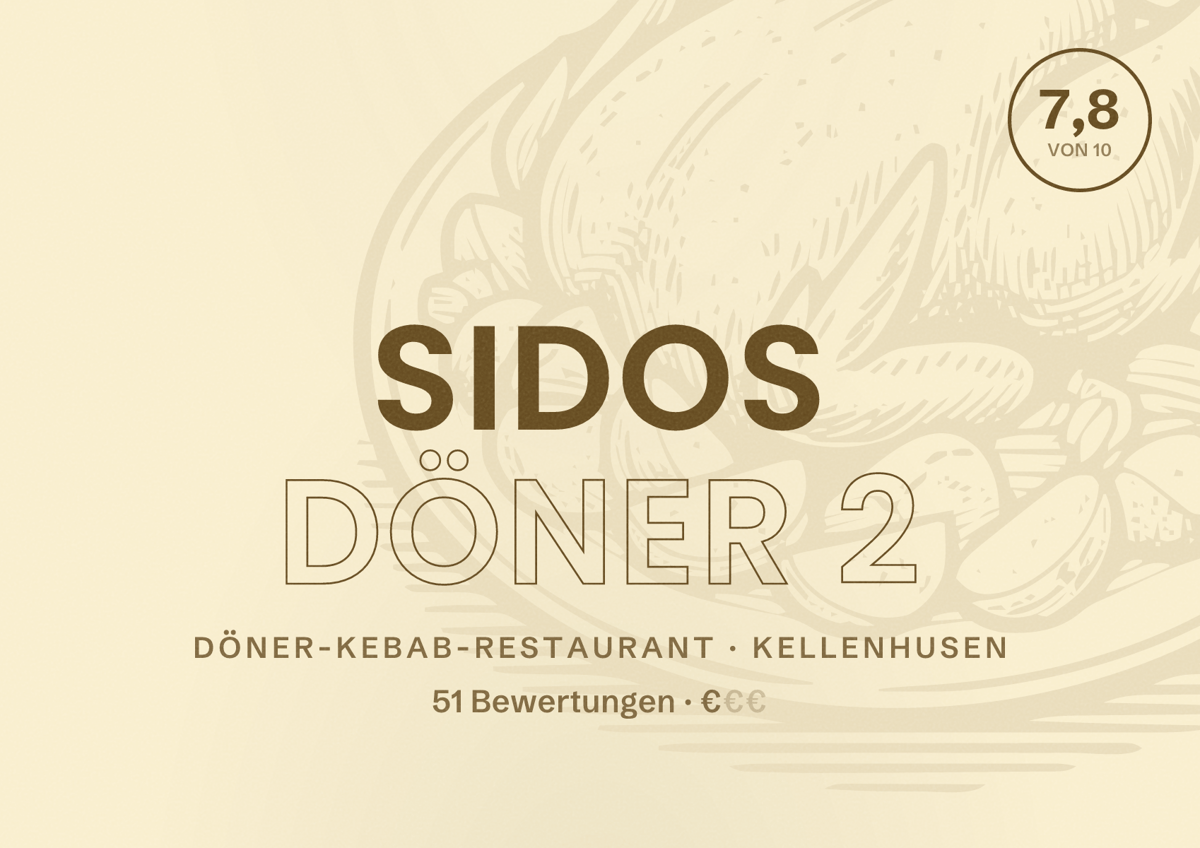 Illustriertes Poster von Sidos Döner 2, Döner-Kebab-Restaurant in Kellenhusen: Bewertung 7,8 von 10 aus 51 Bewertungen, Preisniveau €