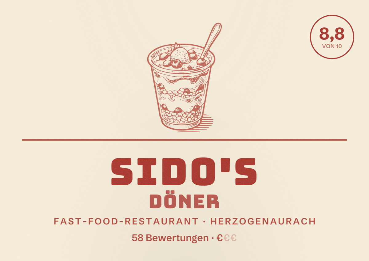 Illustriertes Poster von Sido's Döner, Fast-Food-Restaurant in Herzogenaurach: Bewertung 8,8 von 10 aus 58 Bewertungen, Preisniveau €