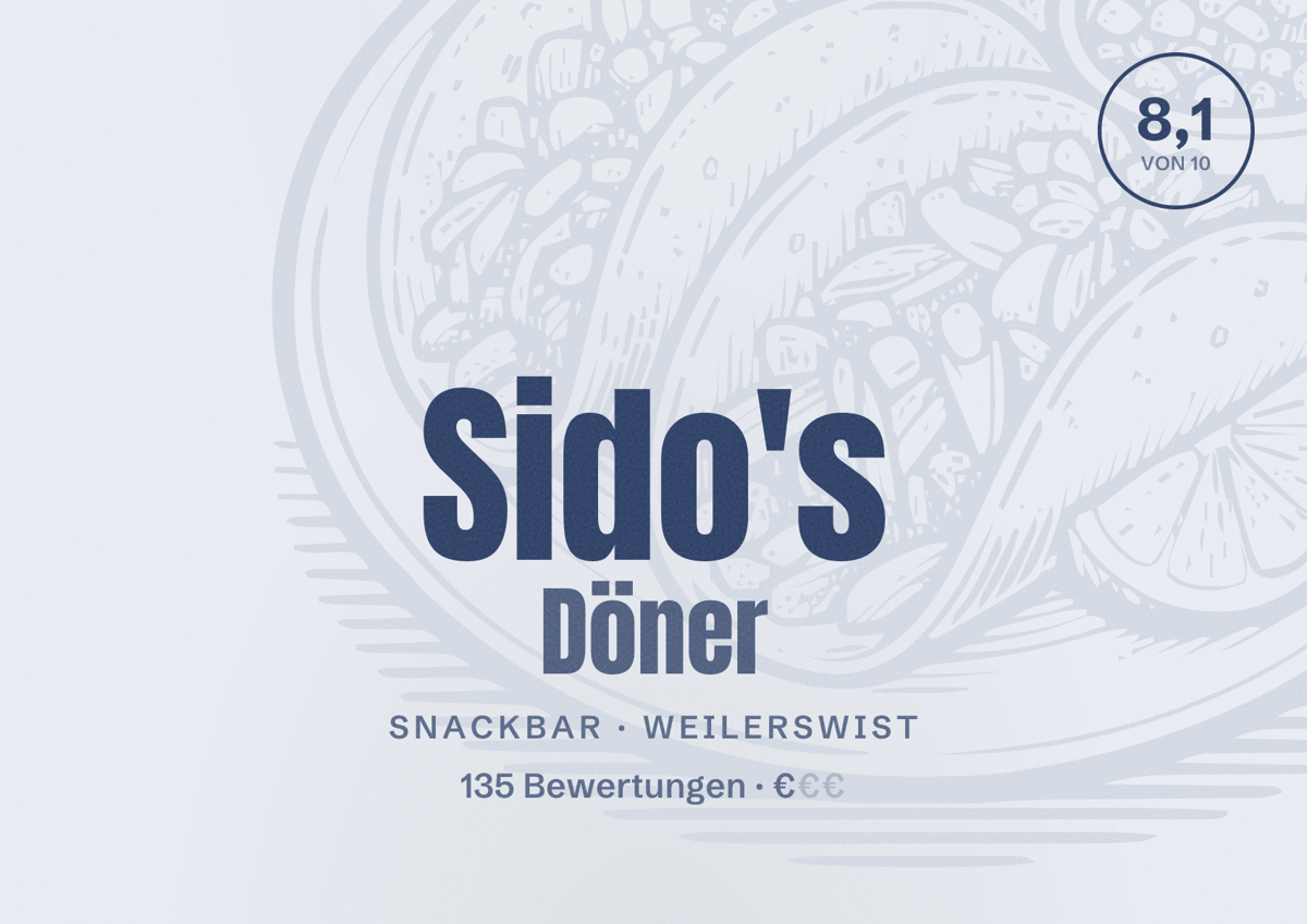 Illustriertes Poster von Sido's Döner, Snackbar in Weilerswist: Bewertung 8,1 von 10 aus 135 Bewertungen, Preisniveau €