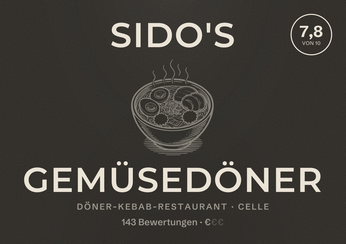 Illustriertes Poster von Sido's Gemüsedöner, Döner-Kebab-Restaurant in Celle: Bewertung 7,8 von 10 aus 143 Bewertungen, Preisniveau €