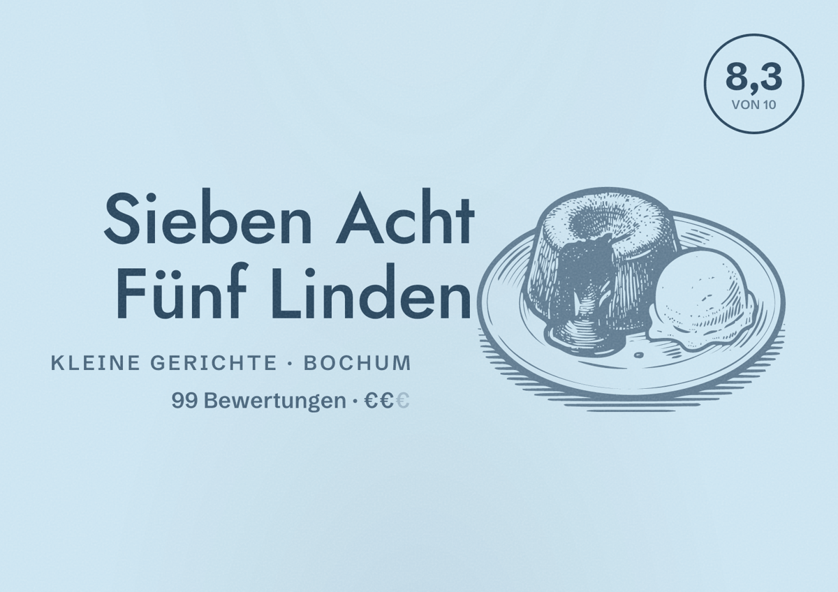 Illustriertes Poster von Sieben Acht Fünf Linden, Kleine Gerichte in Bochum: Bewertung 8,3 von 10 aus 99 Bewertungen, Preisniveau €€