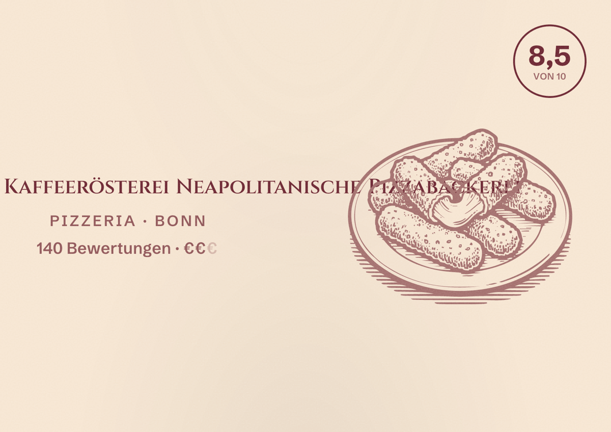 Illustriertes Poster von Sieben Berge Kaffeerösterei Neapolitanische Pizzabäckerei, Pizzeria in Bonn: Bewertung 8,5 von 10 aus 140 Bewertungen, Preisniveau €€