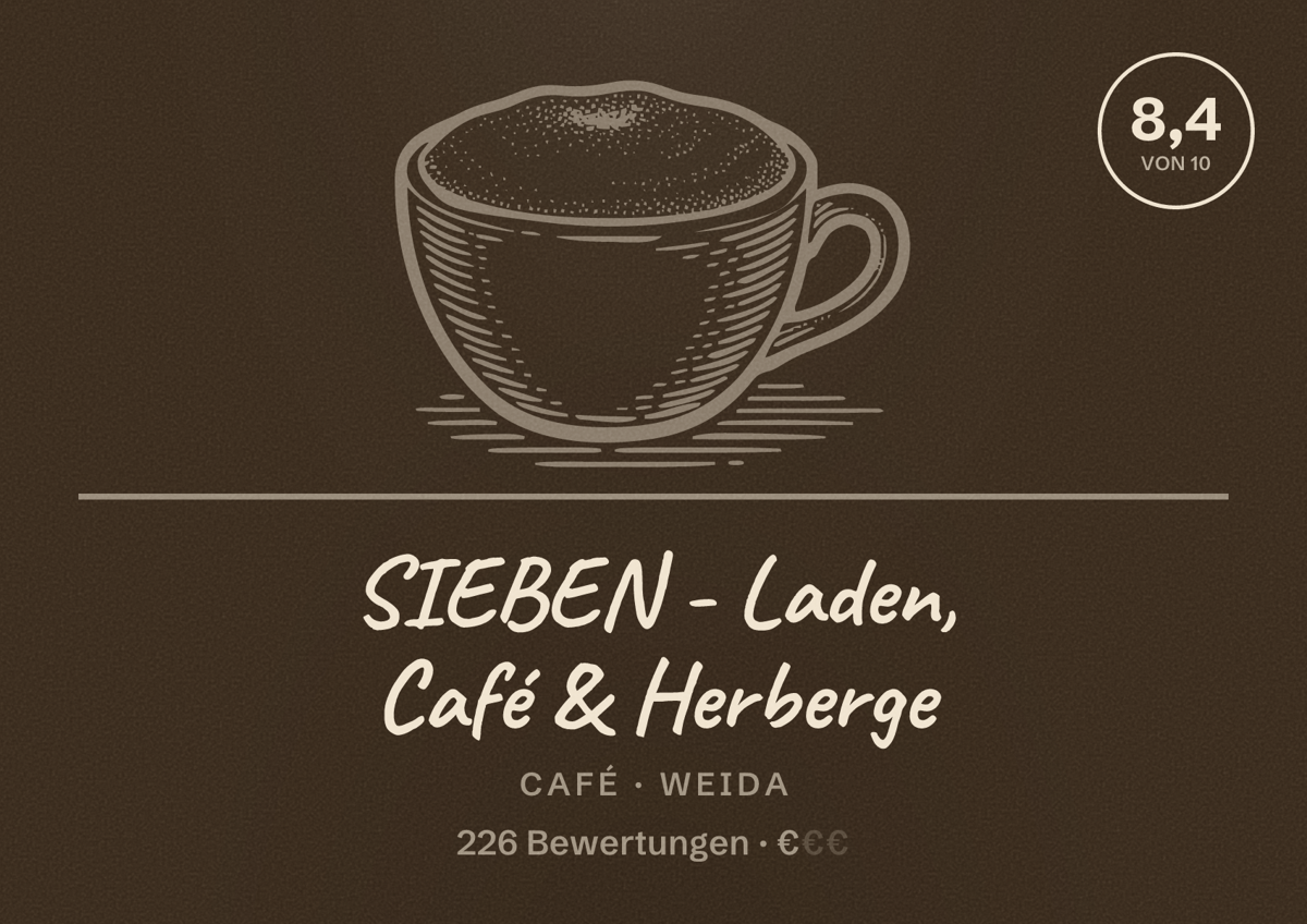 Illustriertes Poster von SIEBEN - Laden, Café & Herberge, Café in Weida: Bewertung 8,4 von 10 aus 226 Bewertungen, Preisniveau €