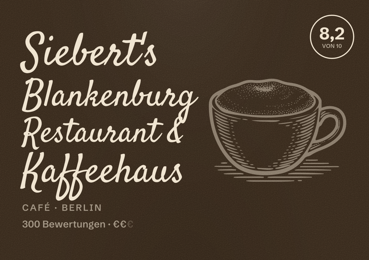 Illustriertes Poster von Siebert's Blankenburg Restaurant & Kaffeehaus, Café in Berlin: Bewertung 8,2 von 10 aus 300 Bewertungen, Preisniveau €€
