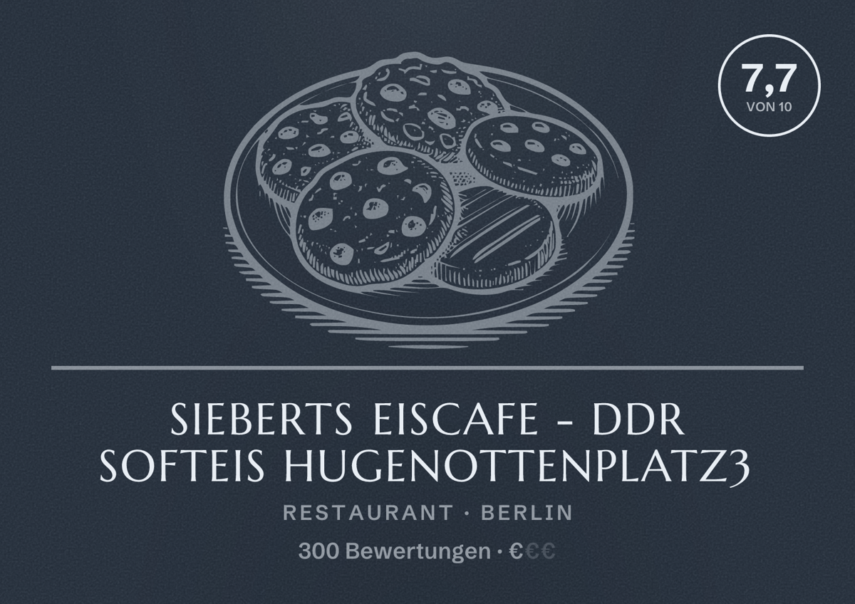 Illustriertes Poster von Sieberts Eiscafe - DDR Softeis Hugenottenplatz3, Restaurant in Berlin: Bewertung 7,7 von 10 aus 300 Bewertungen, Preisniveau €