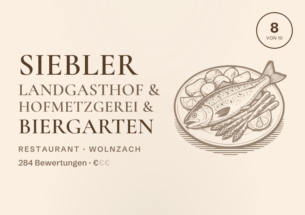 Illustriertes Poster von Siebler Landgasthof & Hofmetzgerei & Biergarten, Restaurant in Wolnzach: Bewertung 8 von 10 aus 284 Bewertungen, Preisniveau €