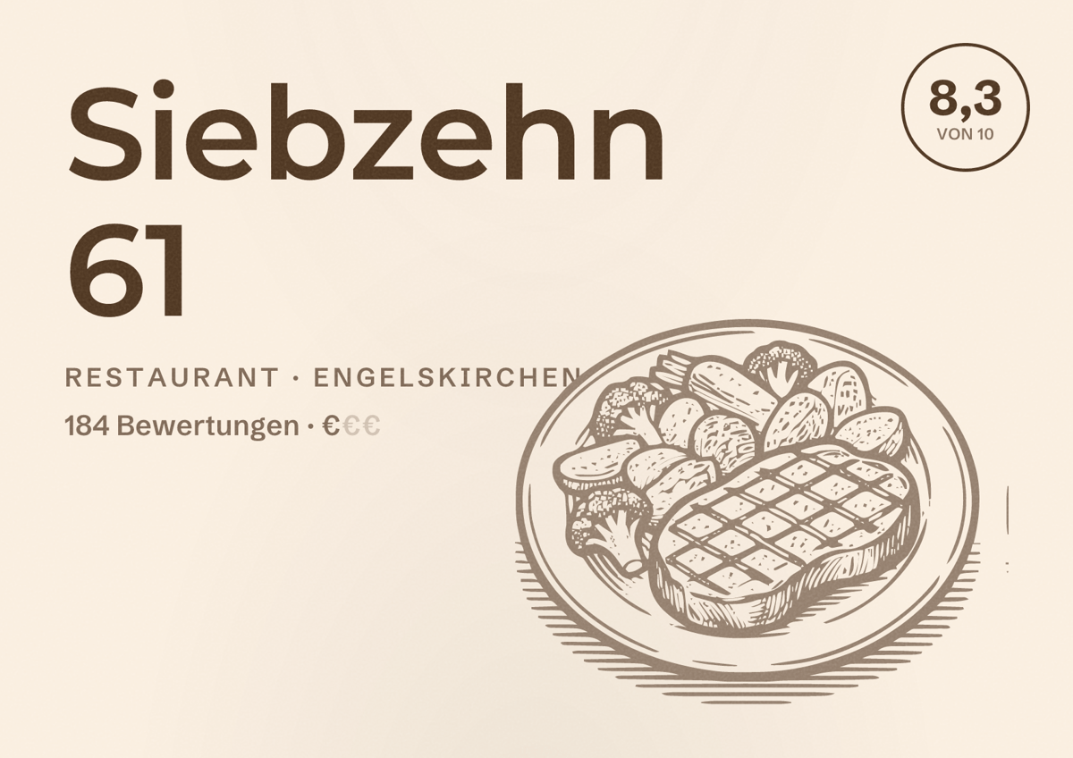Illustriertes Poster von Siebzehn 61, Restaurant in Engelskirchen: Bewertung 8,3 von 10 aus 184 Bewertungen, Preisniveau €