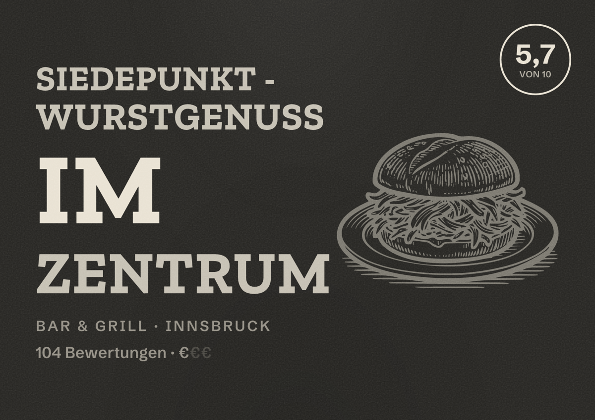 Illustriertes Poster von Siedepunkt - Wurstgenuss im Zentrum, Bar & Grill in Innsbruck: Bewertung 5,7 von 10 aus 104 Bewertungen, Preisniveau €