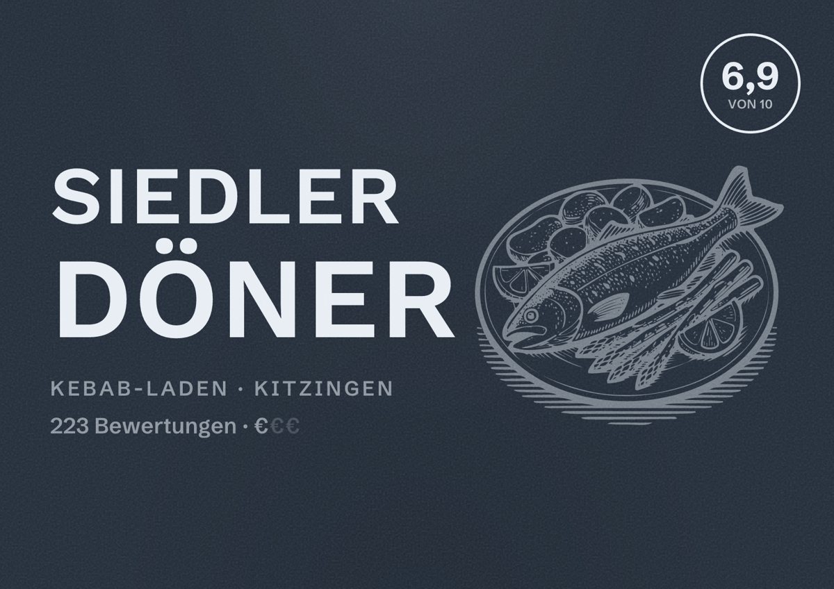 Illustriertes Poster von Siedler Döner, Kebab-Laden in Kitzingen: Bewertung 6,9 von 10 aus 223 Bewertungen, Preisniveau €