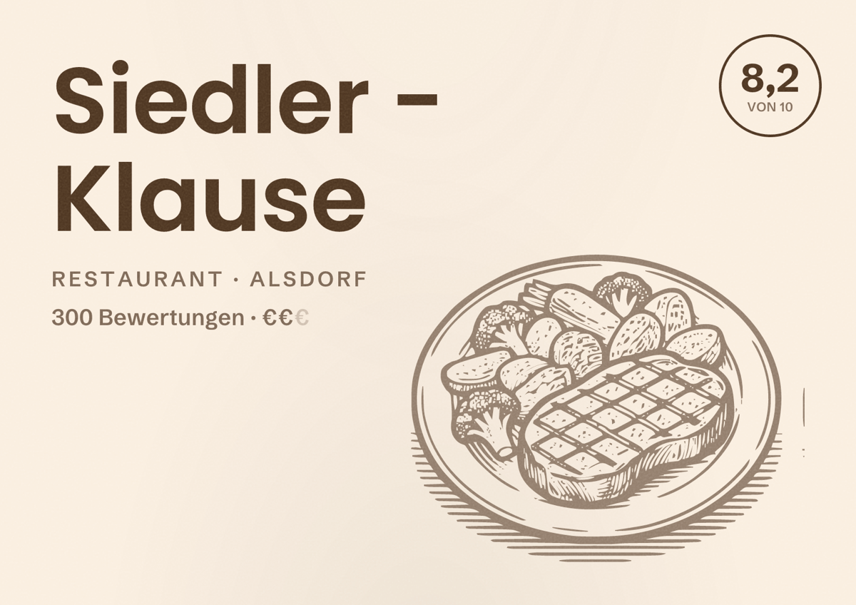 Illustriertes Poster von Siedler - Klause, Restaurant in Alsdorf: Bewertung 8,2 von 10 aus 300 Bewertungen, Preisniveau €€
