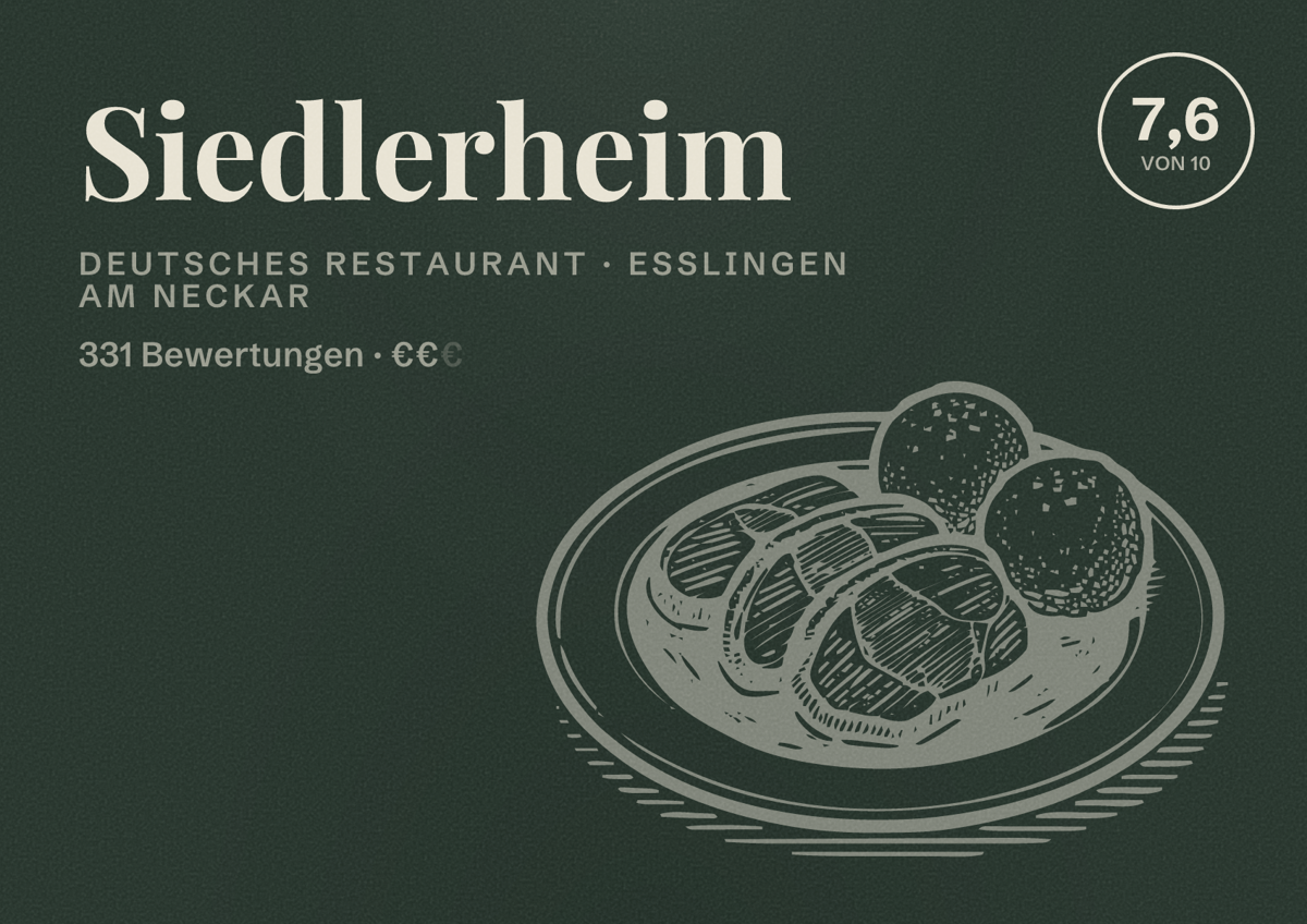 Illustriertes Poster von Siedlerheim, Deutsches Restaurant in Esslingen am Neckar: Gästebewertung 7,6 von 10 aus 331 Bewertungen
