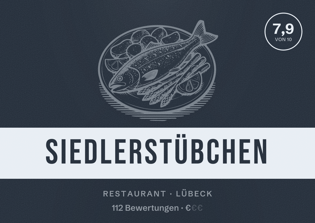 Illustriertes Poster von Siedlerstübchen, Restaurant in Lübeck: Bewertung 7,9 von 10 aus 112 Bewertungen, Preisniveau €
