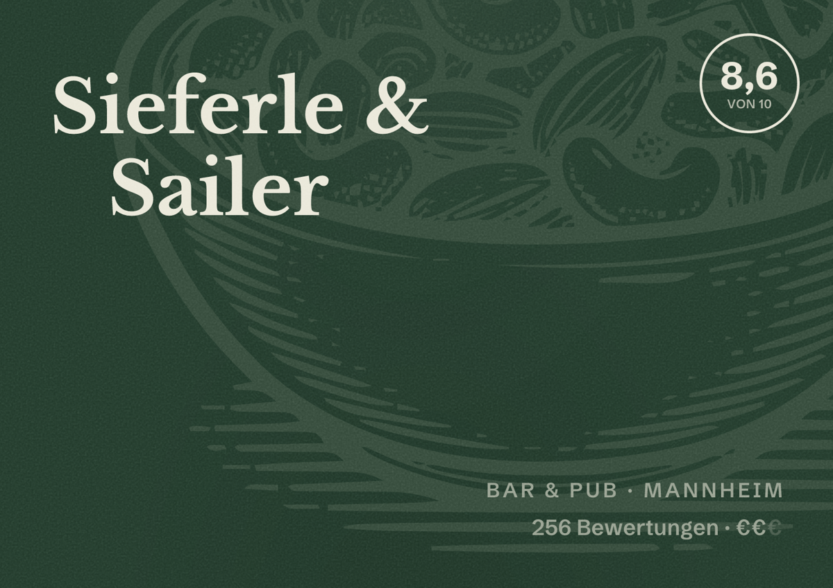 Illustriertes Poster von Sieferle & Sailer, Bar & Pub in Mannheim: Bewertung 8,6 von 10 aus 256 Bewertungen, Preisniveau €€