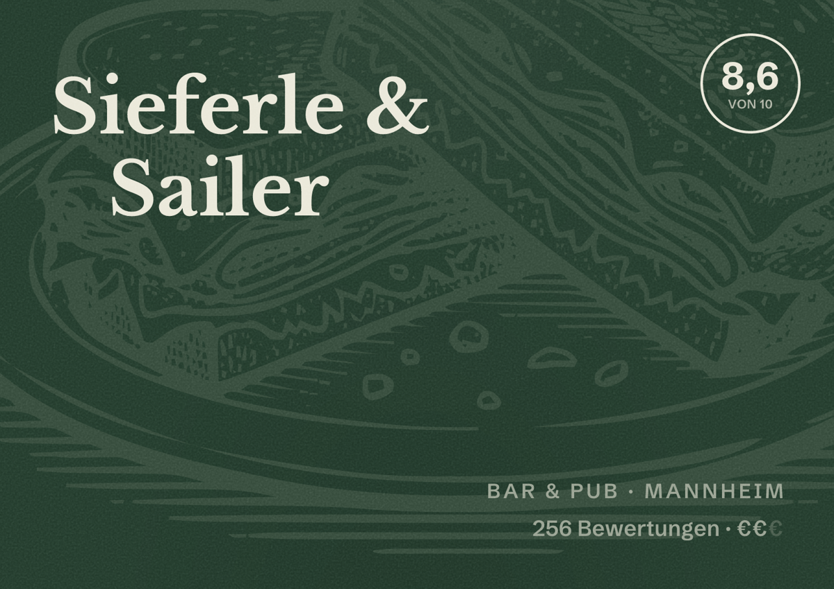 Illustriertes Poster von Sieferle & Sailer, Bar & Pub in Mannheim: Bewertung 8,6 von 10 aus 256 Bewertungen, Preisniveau €€