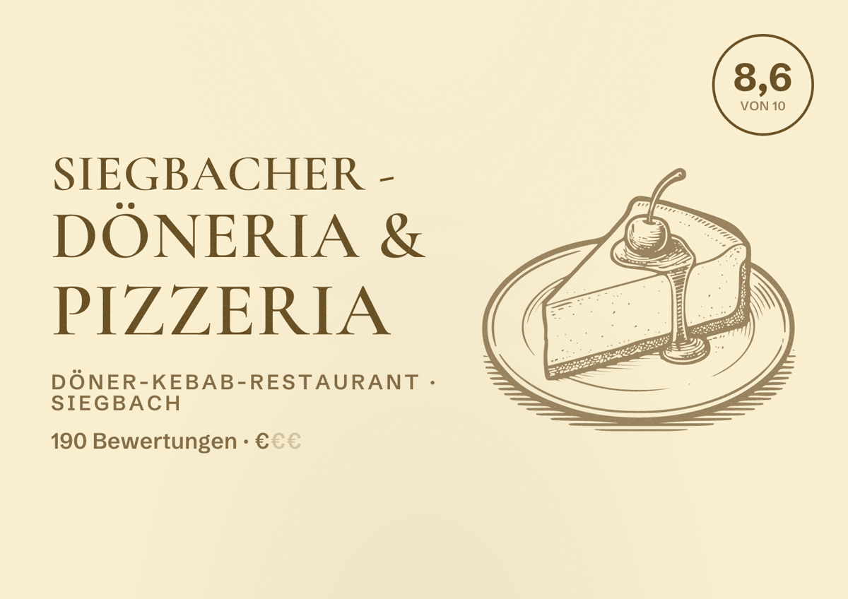 Illustriertes Poster von Siegbacher - Döneria & Pizzeria, Döner-Kebab-Restaurant in Siegbach: Bewertung 8,6 von 10 aus 190 Bewertungen, Preisniveau €