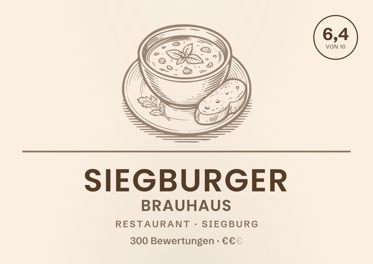 Illustriertes Poster von Siegburger Brauhaus, Restaurant in Siegburg: Bewertung 6,4 von 10 aus 300 Bewertungen, Preisniveau €€