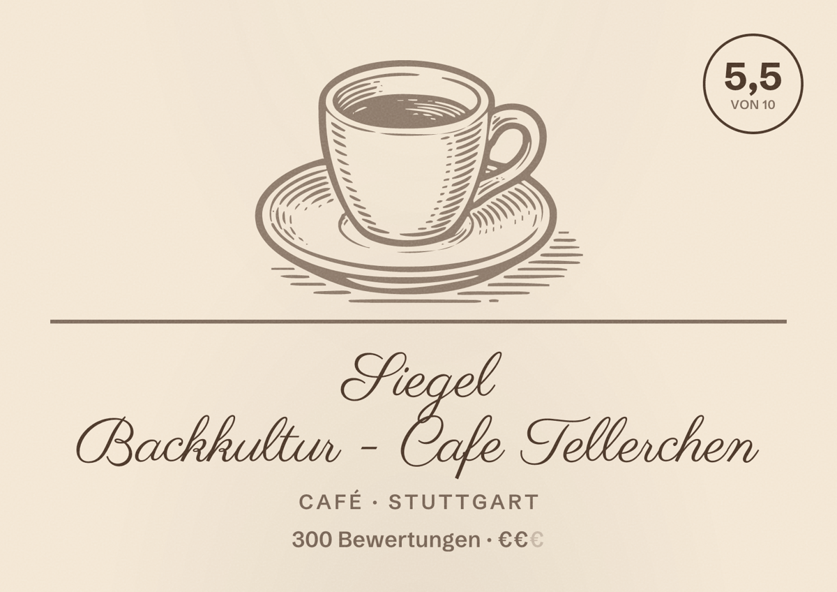 Illustriertes Poster von Siegel Backkultur - Cafe Tellerchen, Café in Stuttgart: Bewertung 5,5 von 10 aus 300 Bewertungen, Preisniveau €€