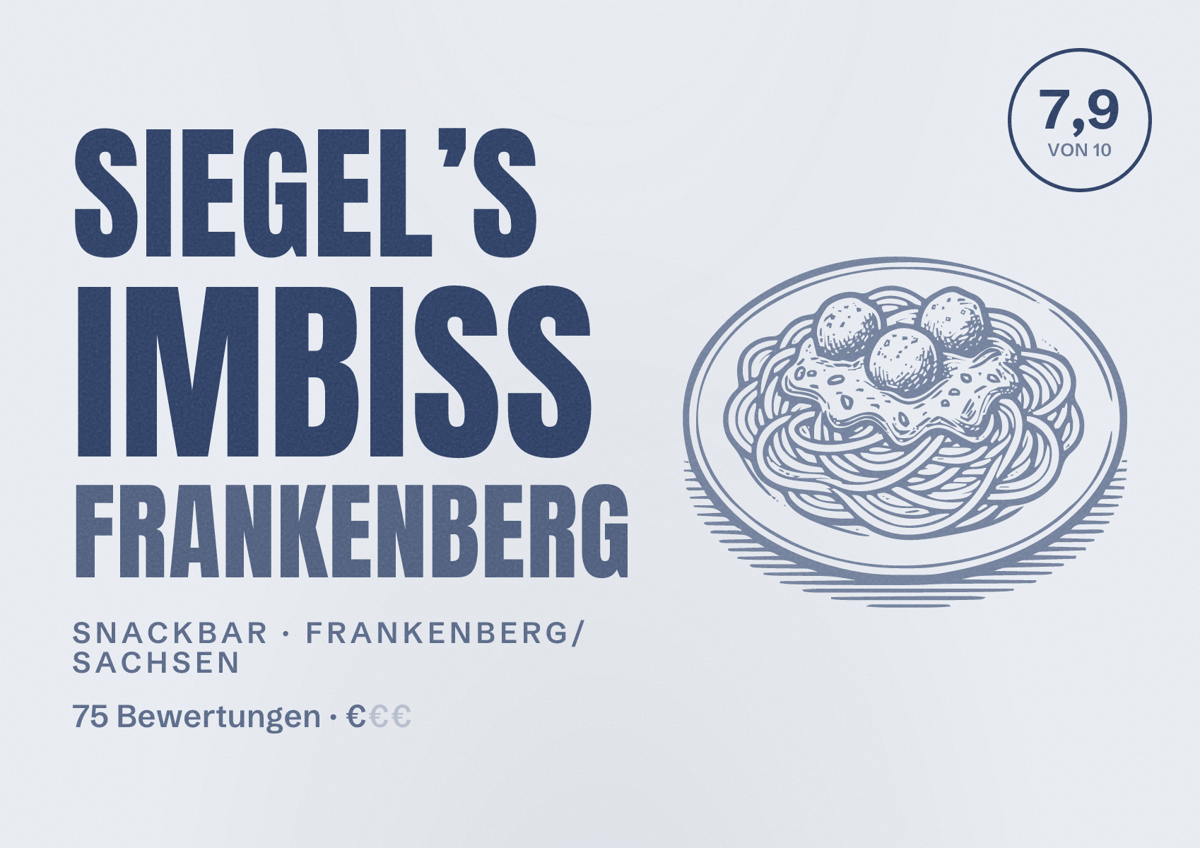 Illustriertes Poster von Siegel’s Imbiss Frankenberg, Snackbar in Frankenberg/Sachsen: Bewertung 7,9 von 10 aus 75 Bewertungen, Preisniveau €