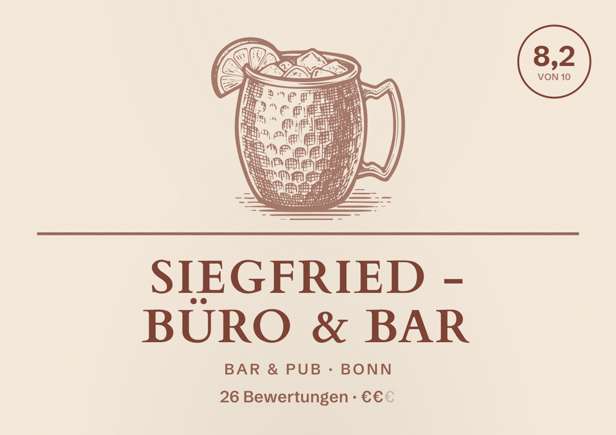 Illustriertes Poster von SIEGFRIED - Büro & Bar, Bar & Pub in Bonn: Bewertung 8,2 von 10 aus 26 Bewertungen, Preisniveau €€
