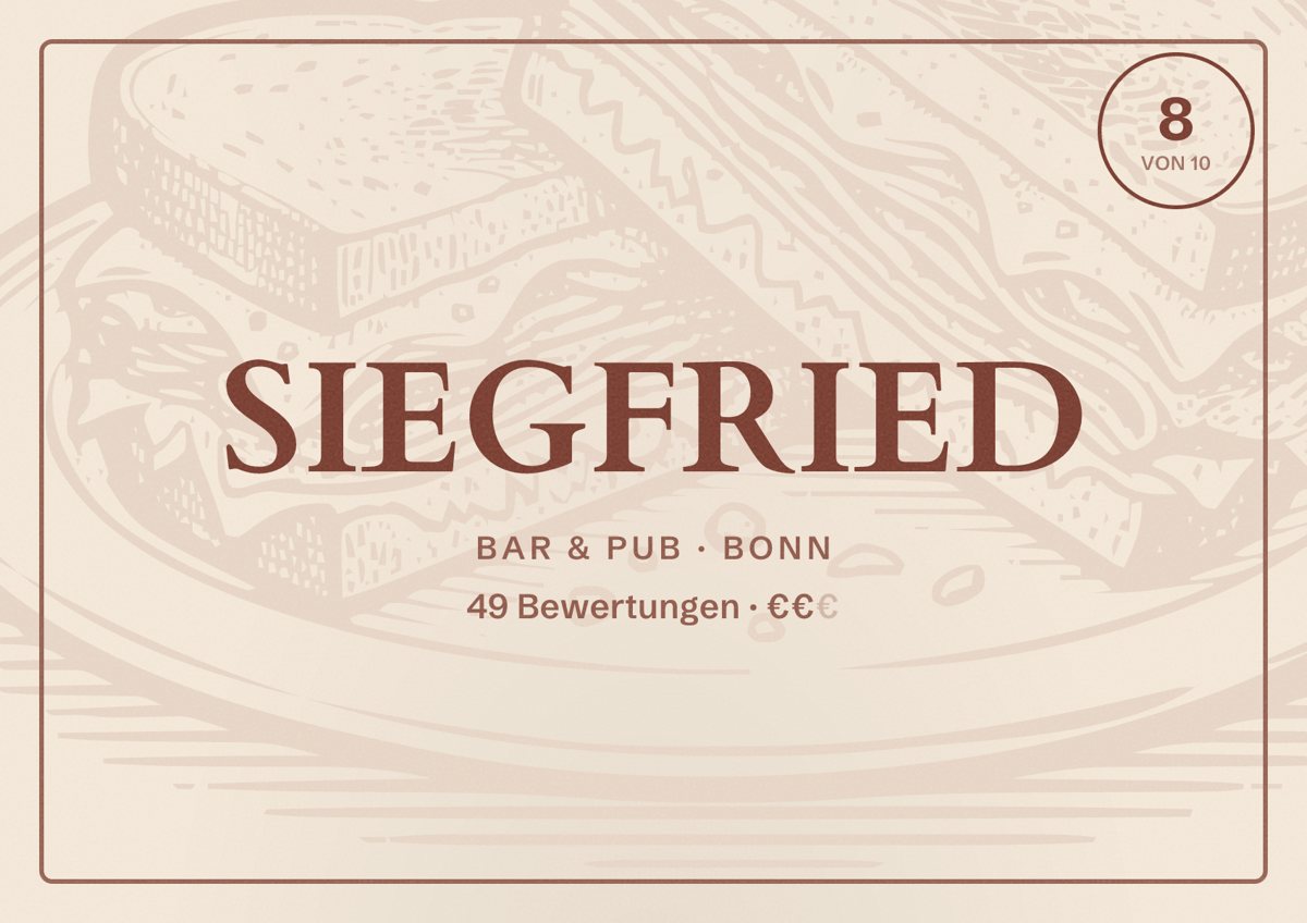 Illustriertes Poster von SIEGFRIED, Bar & Pub in Bonn: Bewertung 8 von 10 aus 49 Bewertungen, Preisniveau €€