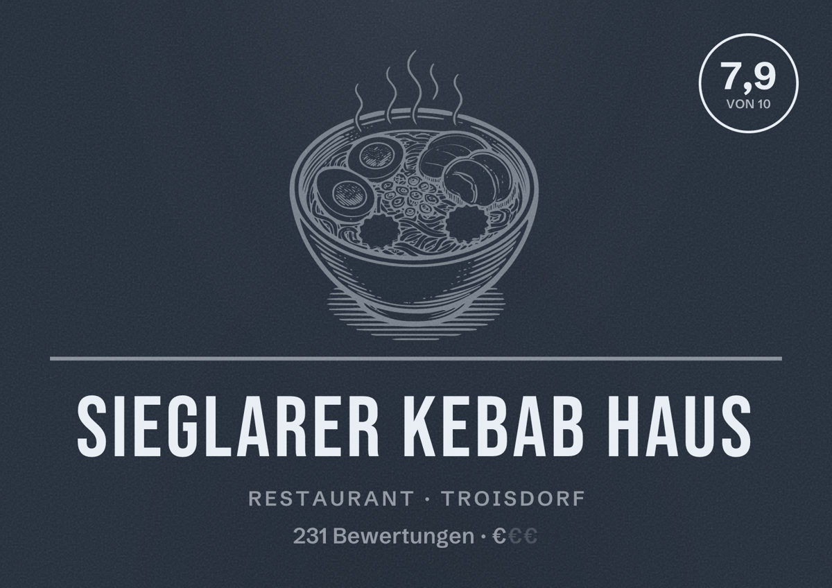 Illustriertes Poster von SIEGLARER KEBAB HAUS, Restaurant in Troisdorf: Bewertung 7,9 von 10 aus 231 Bewertungen, Preisniveau €