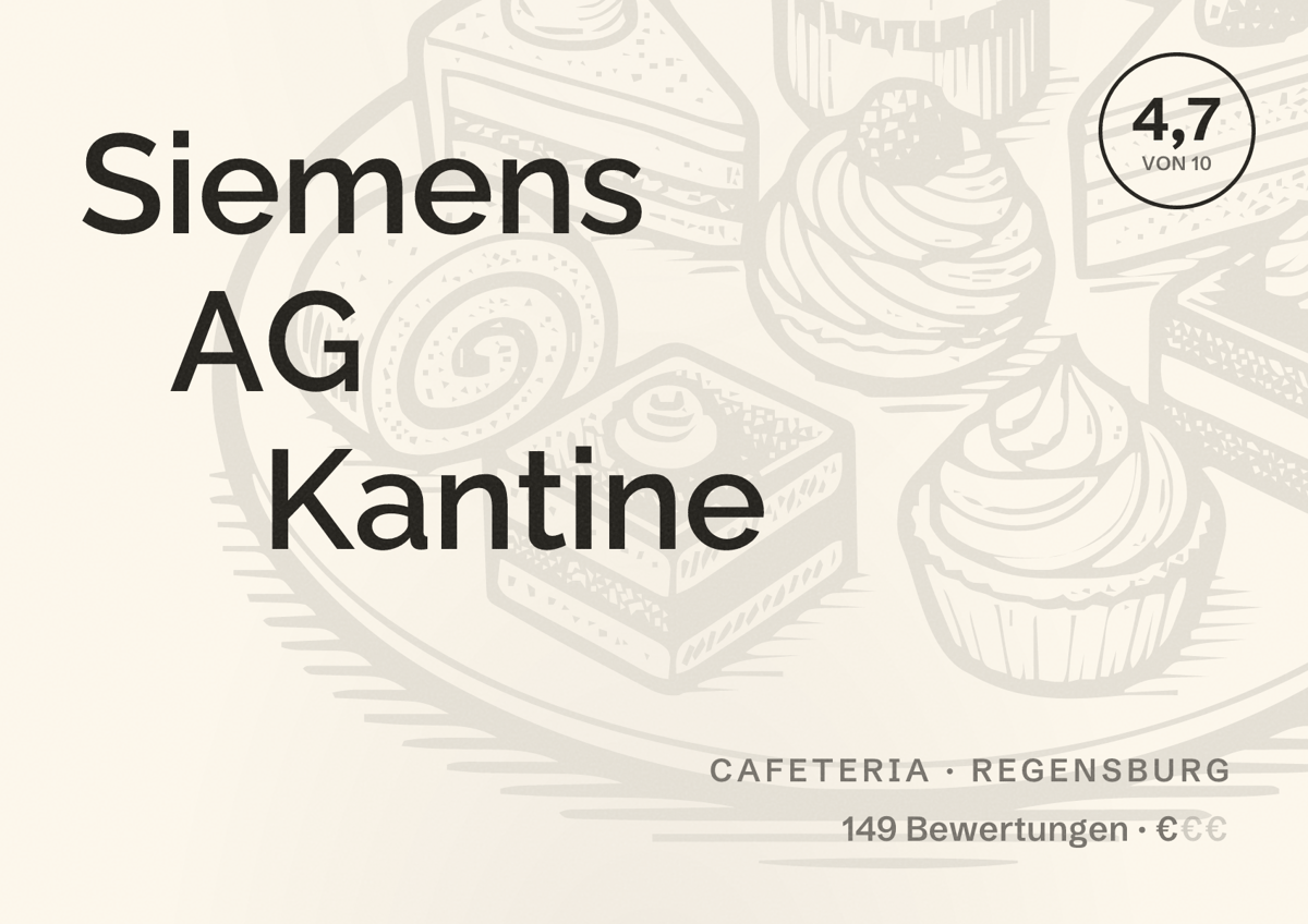 Illustriertes Poster von Siemens AG Kantine, Cafeteria in Regensburg: Bewertung 4,7 von 10 aus 149 Bewertungen, Preisniveau €