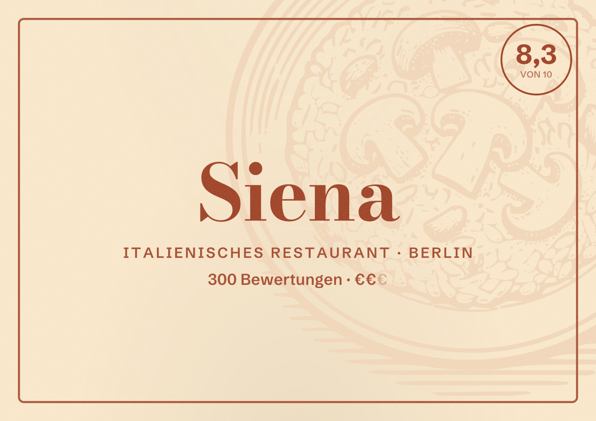Illustriertes Poster von Siena, Italienisches Restaurant in Berlin: Bewertung 8,3 von 10 aus 300 Bewertungen, Preisniveau €€