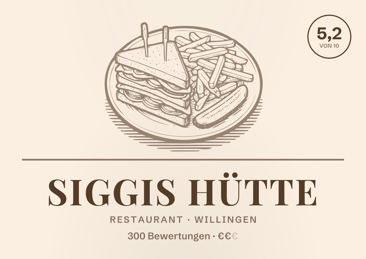Illustriertes Poster von Siggis Hütte, Restaurant in Willingen: Bewertung 5,2 von 10 aus 300 Bewertungen, Preisniveau €€