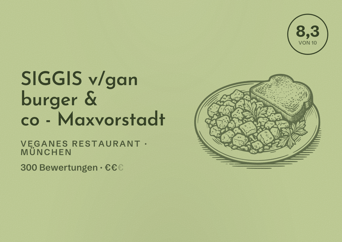 Illustriertes Poster von SIGGIS v/gan burger & co - Maxvorstadt, Veganes Restaurant in München: Bewertung 8,3 von 10 aus 300 Bewertungen, Preisniveau €€