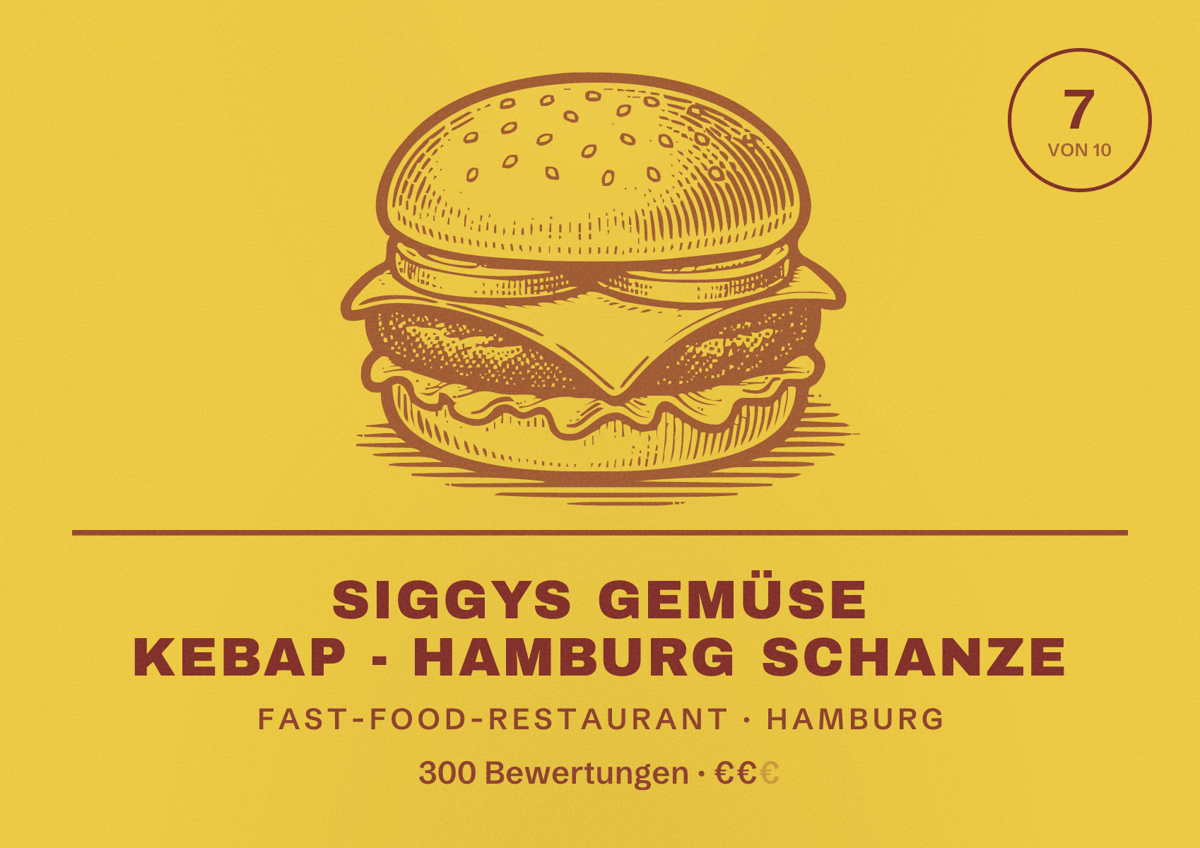 Illustriertes Poster von Siggys Gemüse Kebap - Hamburg Schanze, Fast-Food-Restaurant in Hamburg: Bewertung 7,0 von 10 aus 300 Bewertungen, Preisniveau €€