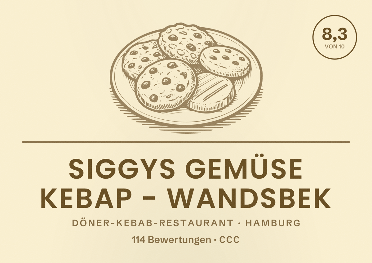 Illustriertes Poster von Siggys Gemüse Kebap - Wandsbek, Döner-Kebab-Restaurant in Hamburg: Bewertung 8,3 von 10 aus 114 Bewertungen, Preisniveau €€€