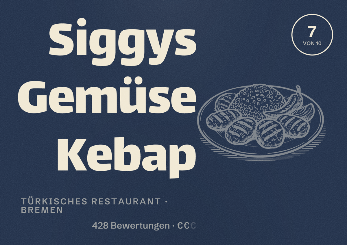 Illustriertes Poster von Siggys Gemüse Kebap, Türkisches Restaurant in Bremen: Bewertung 7 von 10 aus 428 Bewertungen, Preisniveau €€
