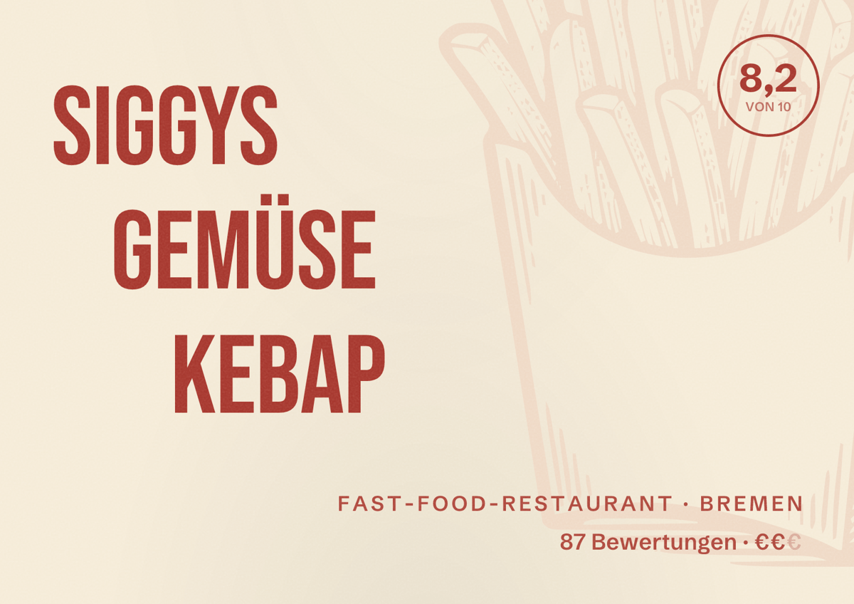 Illustriertes Poster von Siggys Gemüse Kebap, Fast-Food-Restaurant in Bremen: Bewertung 8,2 von 10 aus 87 Bewertungen, Preisniveau €€