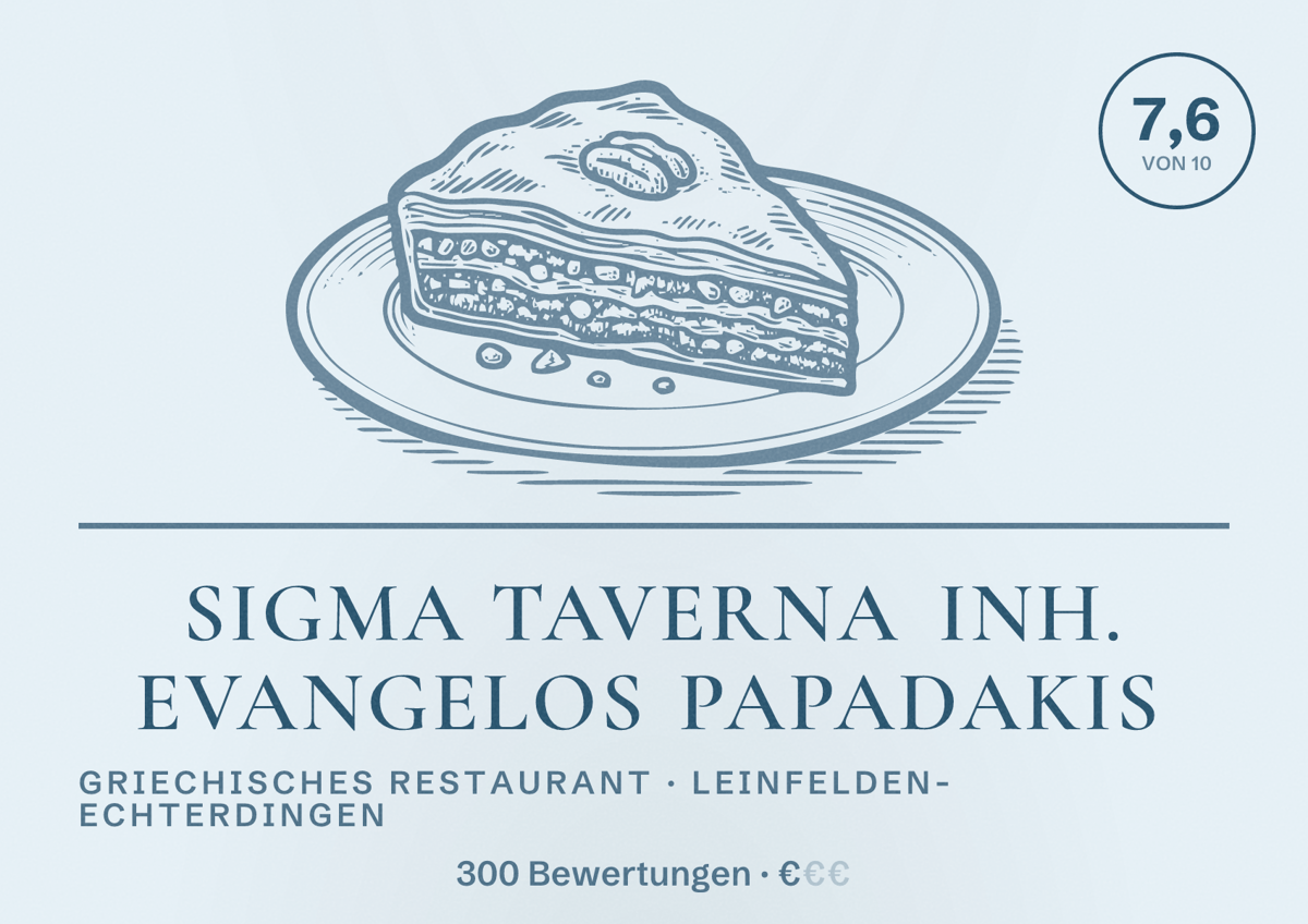 Illustriertes Poster von Sigma Taverna Inh. Evangelos Papadakis, Griechisches Restaurant in Leinfelden-Echterdingen: Bewertung 7,6 von 10 aus 300 Bewertungen, Preisniveau €