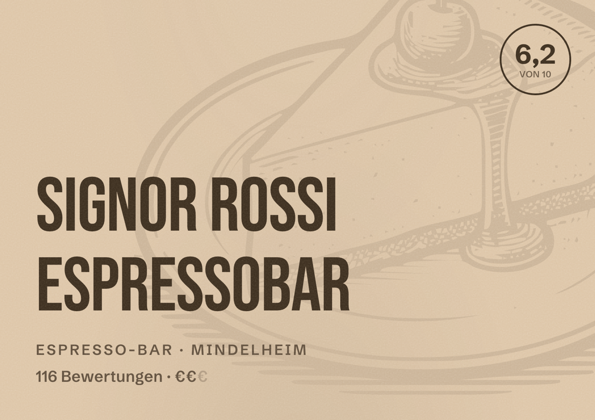 Illustriertes Poster von Signor Rossi Espressobar, Espresso-Bar in Mindelheim: Bewertung 6,2 von 10 aus 116 Bewertungen, Preisniveau €€