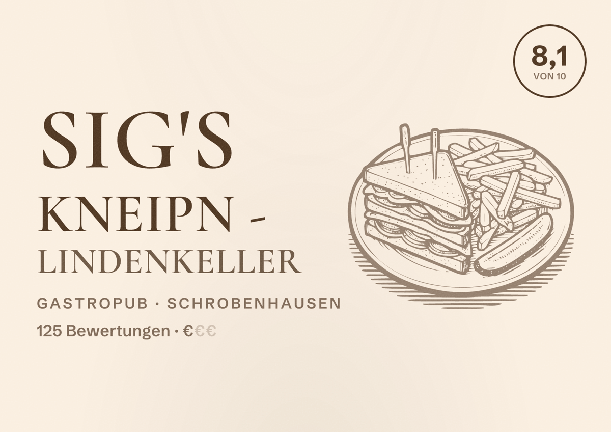 Illustriertes Poster von Sig's Kneipn - Lindenkeller, Gastropub in Schrobenhausen: Bewertung 8,1 von 10 aus 125 Bewertungen, Preisniveau €