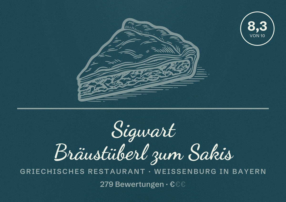 Illustriertes Poster von Sigwart Bräustüberl zum Sakis, Griechisches Restaurant in Weißenburg in Bayern: Bewertung 8,3 von 10 aus 279 Bewertungen, Preisniveau €