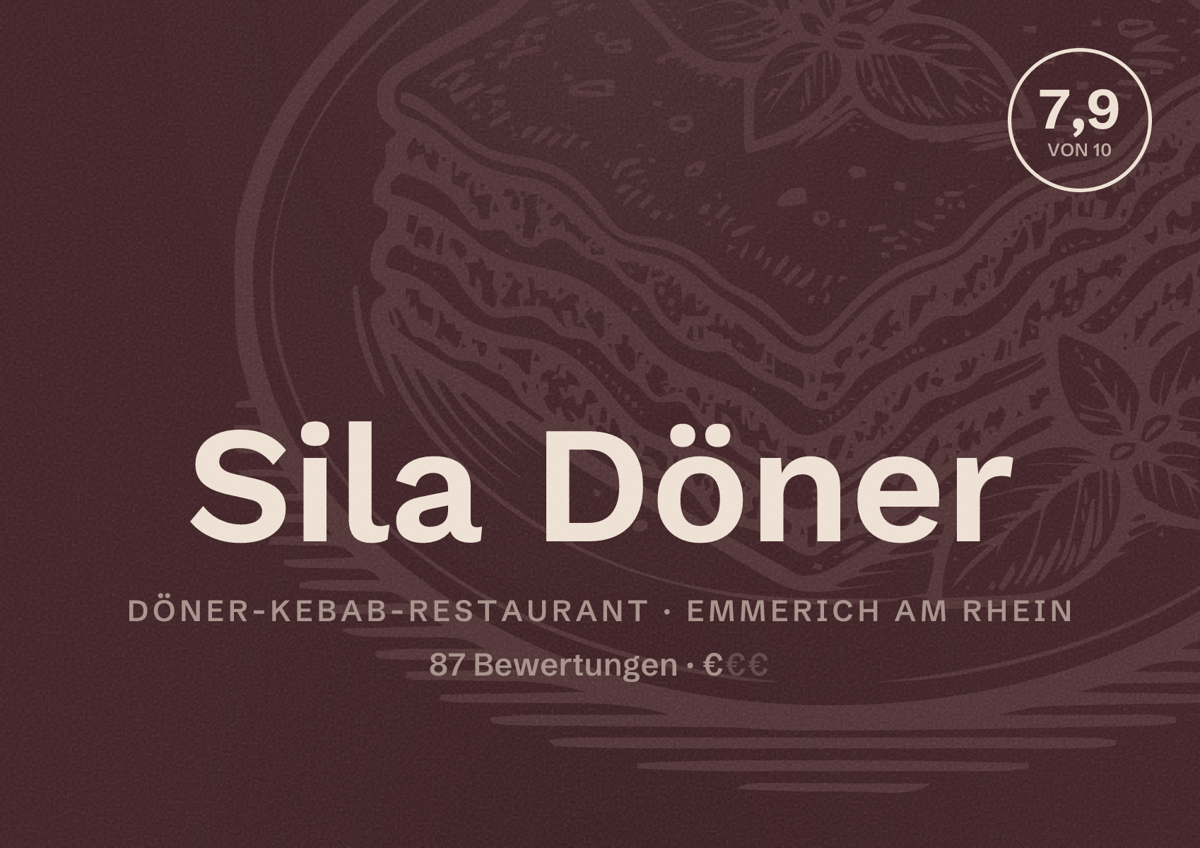 Illustriertes Poster von Sila Döner, Döner-Kebab-Restaurant in Emmerich am Rhein: Bewertung 7,9 von 10 aus 87 Bewertungen, Preisniveau €