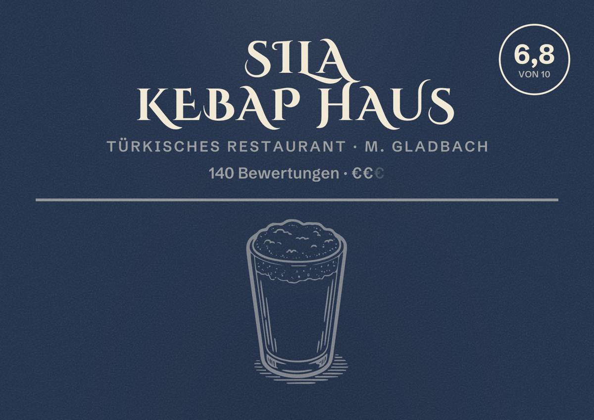 Illustriertes Poster von Sila Kebap Haus, Türkisches Restaurant in M. Gladbach: Bewertung 6,8 von 10 aus 140 Bewertungen, Preisniveau €€