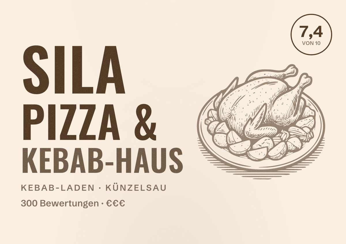 Illustriertes Poster von Sila Pizza & Kebab-Haus, Kebab-Laden in Künzelsau: Bewertung 7,4 von 10 aus 300 Bewertungen, Preisniveau €€€