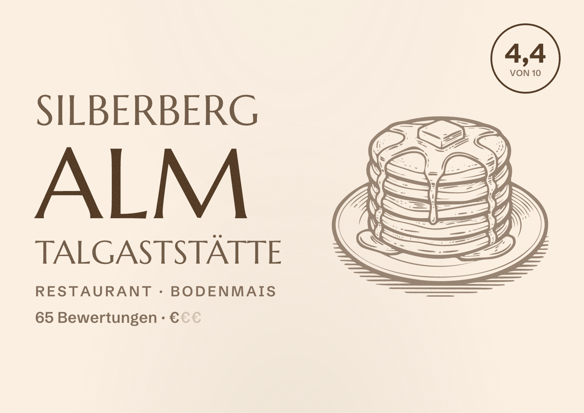 Illustriertes Poster von Silberberg Alm Talgaststätte, Restaurant in Bodenmais: Bewertung 4,4 von 10 aus 65 Bewertungen, Preisniveau €