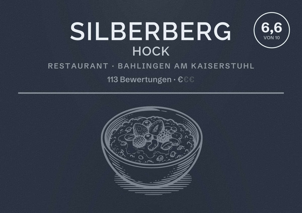 Illustriertes Poster von Silberberg Hock, Restaurant in Bahlingen am Kaiserstuhl: Bewertung 6,6 von 10 aus 113 Bewertungen, Preisniveau €