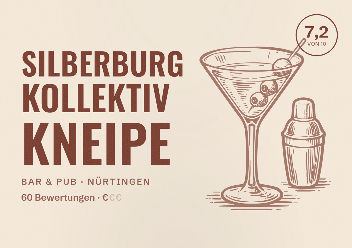 Illustriertes Poster von Silberburg Kollektiv Kneipe, Bar & Pub in Nürtingen: Bewertung 7,2 von 10 aus 60 Bewertungen, Preisniveau €