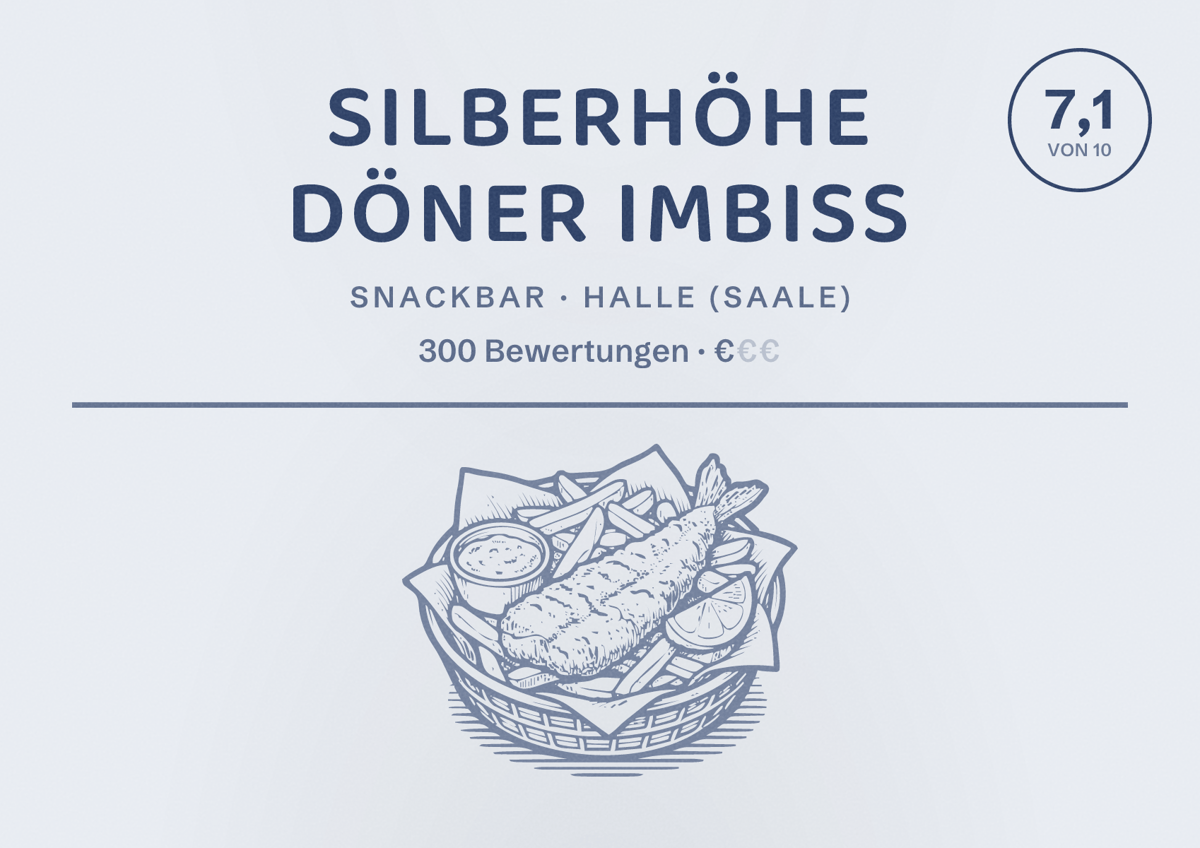 Illustriertes Poster von Silberhöhe Döner Imbiss, Snackbar in Halle (Saale): Bewertung 7,1 von 10 aus 300 Bewertungen, Preisniveau €