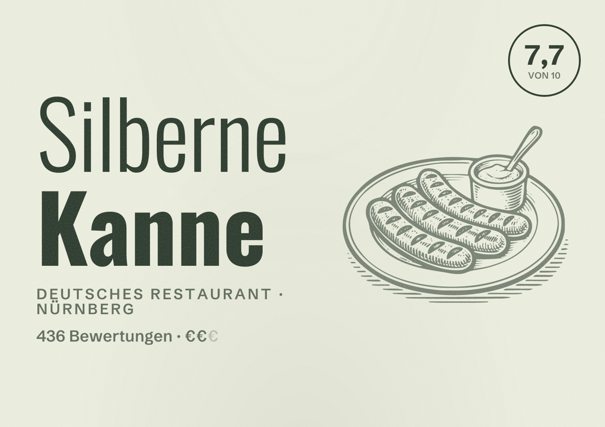 Illustriertes Poster von Silberne Kanne, Deutsches Restaurant in Nürnberg: Bewertung 7,7 von 10 aus 436 Bewertungen, Preisniveau €€