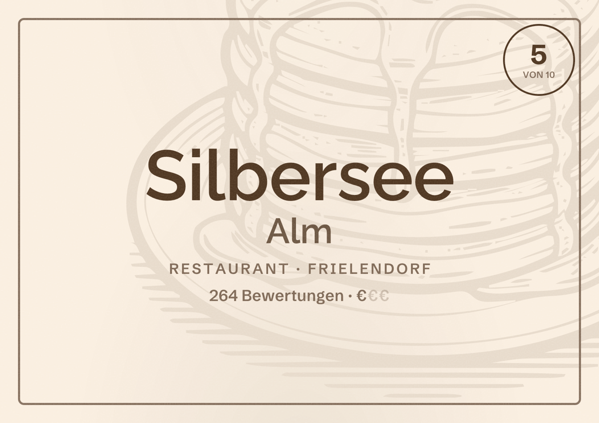 Illustriertes Poster von Silbersee Alm, Restaurant in Frielendorf: Bewertung 5 von 10 aus 264 Bewertungen, Preisniveau €