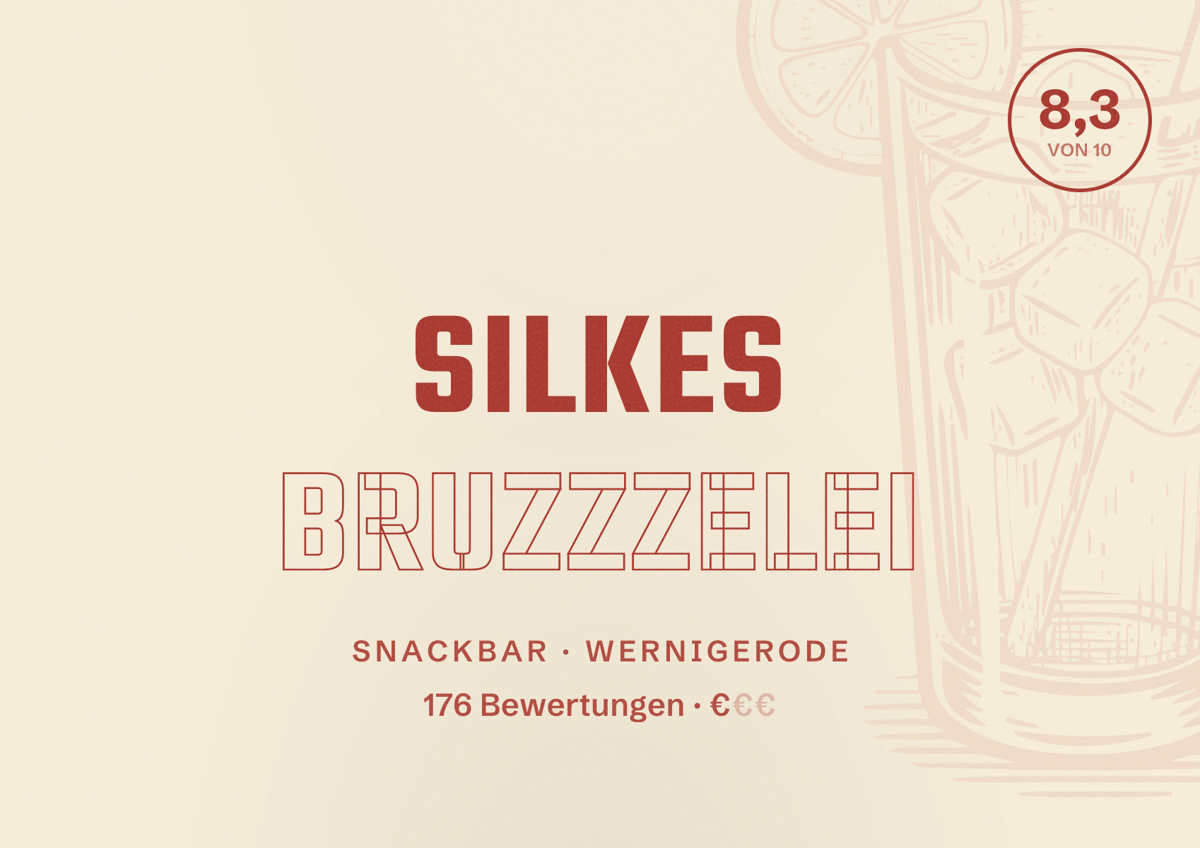 Illustriertes Poster von Silkes Bruzzzelei, Snackbar in Wernigerode: Bewertung 8,3 von 10 aus 176 Bewertungen, Preisniveau €